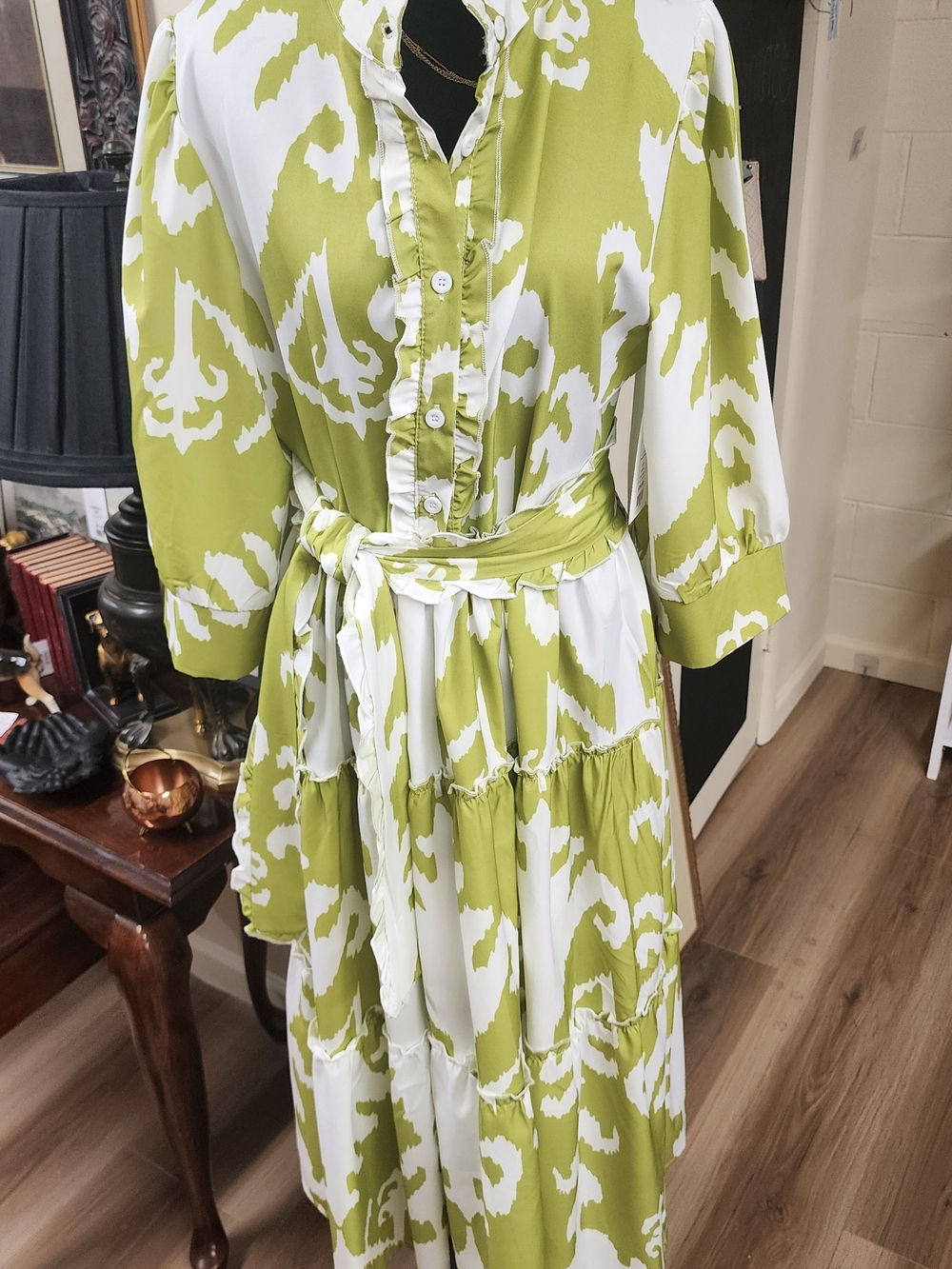 Lime Green & White Tie-Waist Maxi Dress